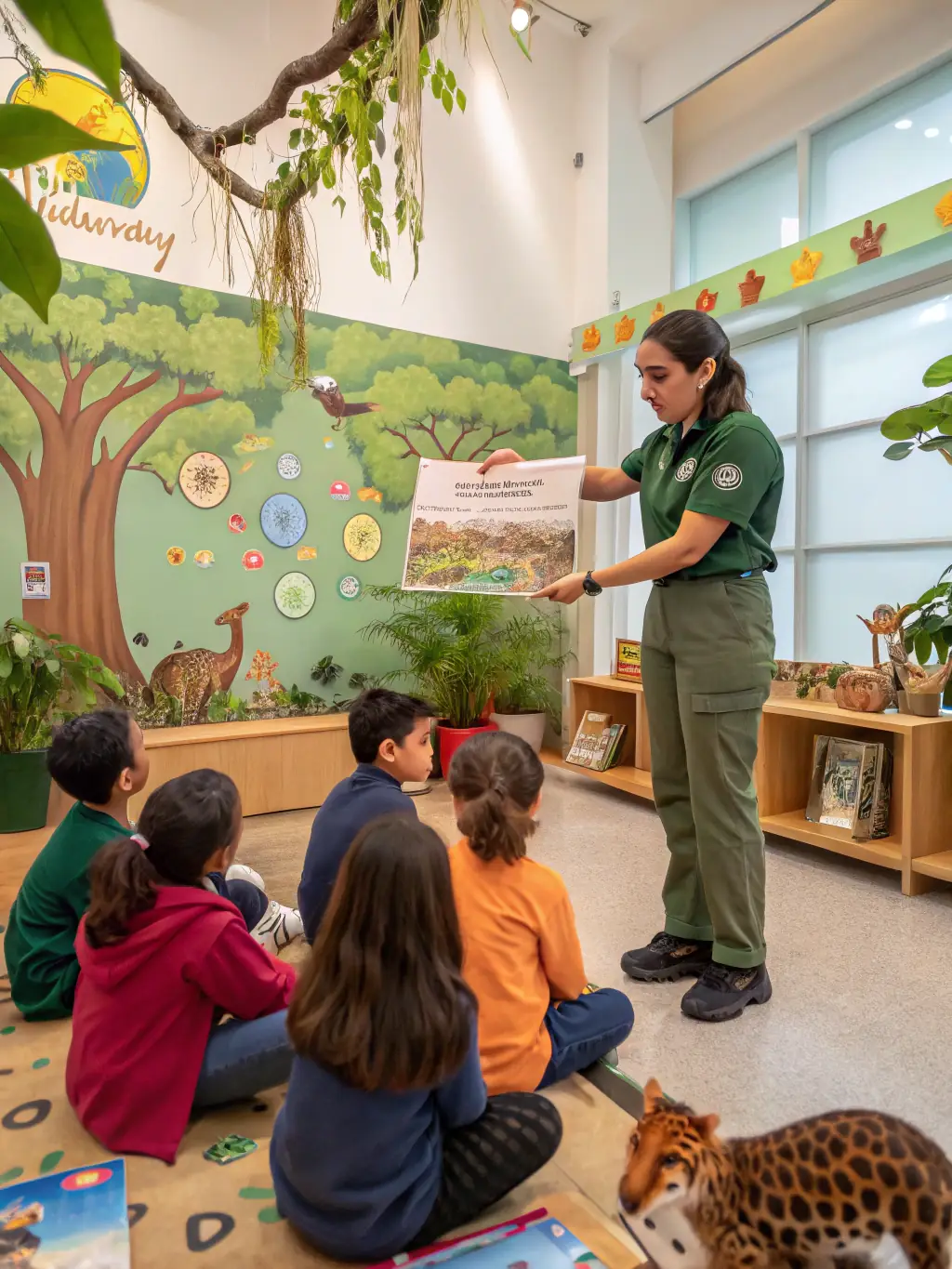 A classroom setting where ACCAE instructors are teaching sustainable hunting practices to a group of new members, using visual aids and interactive discussions.