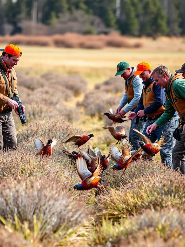A photograph showcasing ACCAE members releasing pheasants into a managed habitat, demonstrating the club's commitment to game management and biodiversity in the Estaing area.