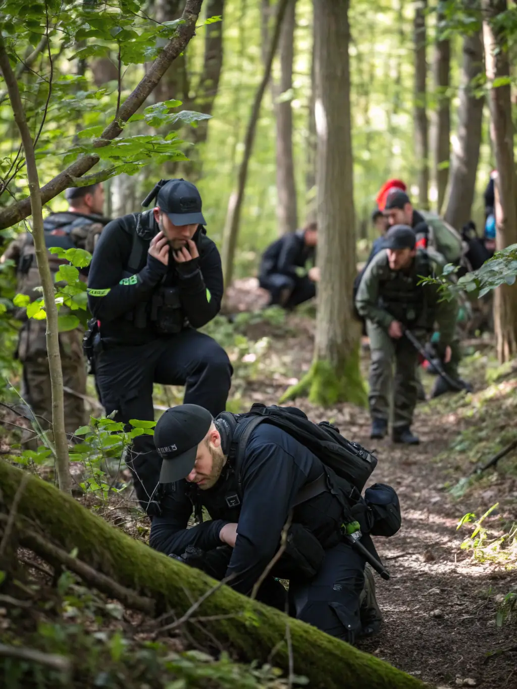A photograph showing ACCAE members collaborating with local law enforcement during an anti-poaching patrol in the forests of Estaing. The image should highlight the seriousness and collaborative nature of the initiative.