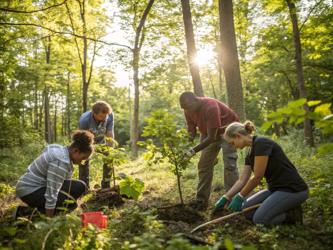 ACCAE members working on a conservation project, planting trees and restoring a natural habitat in a local area.