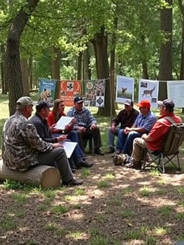 A photograph of an ACCAE-led workshop, with members gathered around a table learning about sustainable hunting techniques and wildlife conservation from an expert. The setting should be a rustic, educational environment.
