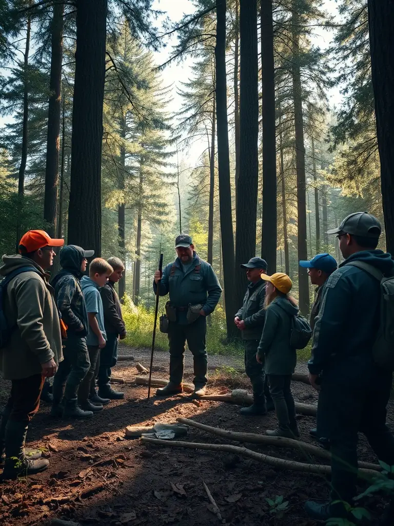 A group of ACCAE members participating in a wildlife tracking workshop in the Estaing region, focusing on identifying animal footprints and understanding local wildlife behavior.