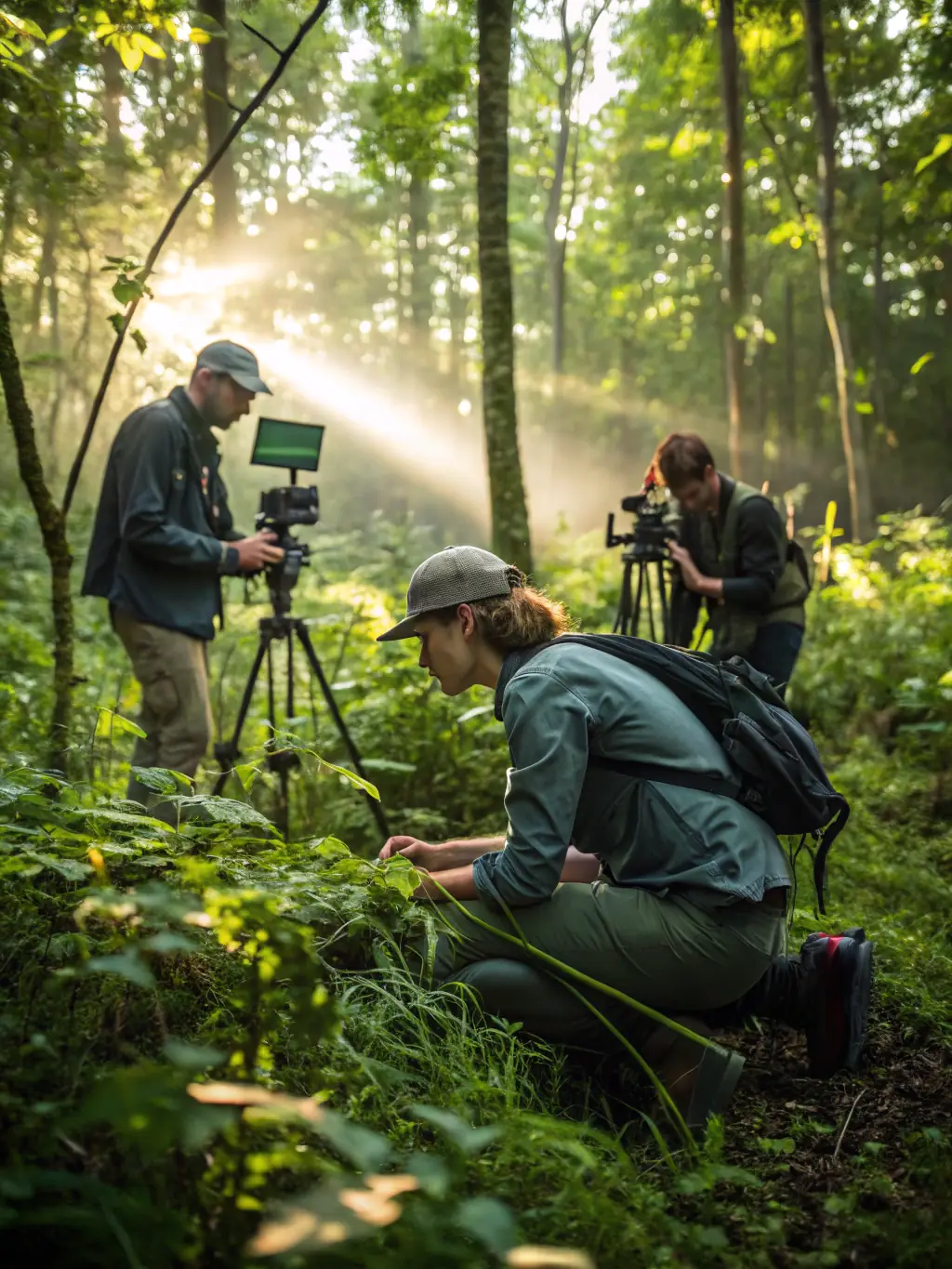 A photograph depicting ACCAE members participating in a wildlife census, using binoculars and recording data in a natural habitat in Estaing, France. The image should convey a sense of scientific observation and dedication to wildlife management.